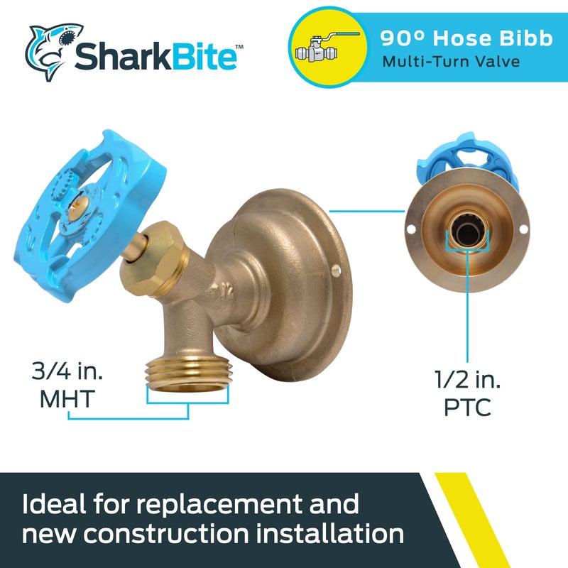 SharkBite 1/2 x 3/4 Inch MHT 90 Degree Hose Bibb, Multi Turn, Push To Connect Brass Plumbing Fitting, PEX Pipe, Copper, CPVC, PE-RT, HDPE, 24626LF - Image 2